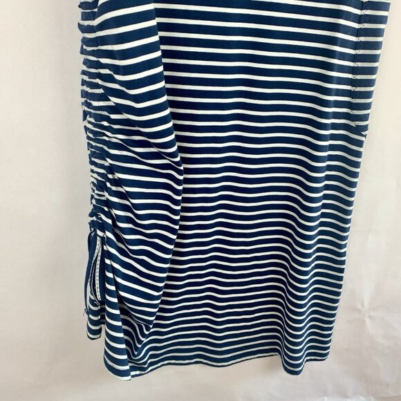 Toad & Co Women Samba Muse Ruched Midi Dress Sz Large Navy Blue Striped Coastal - Picture 6 of 12